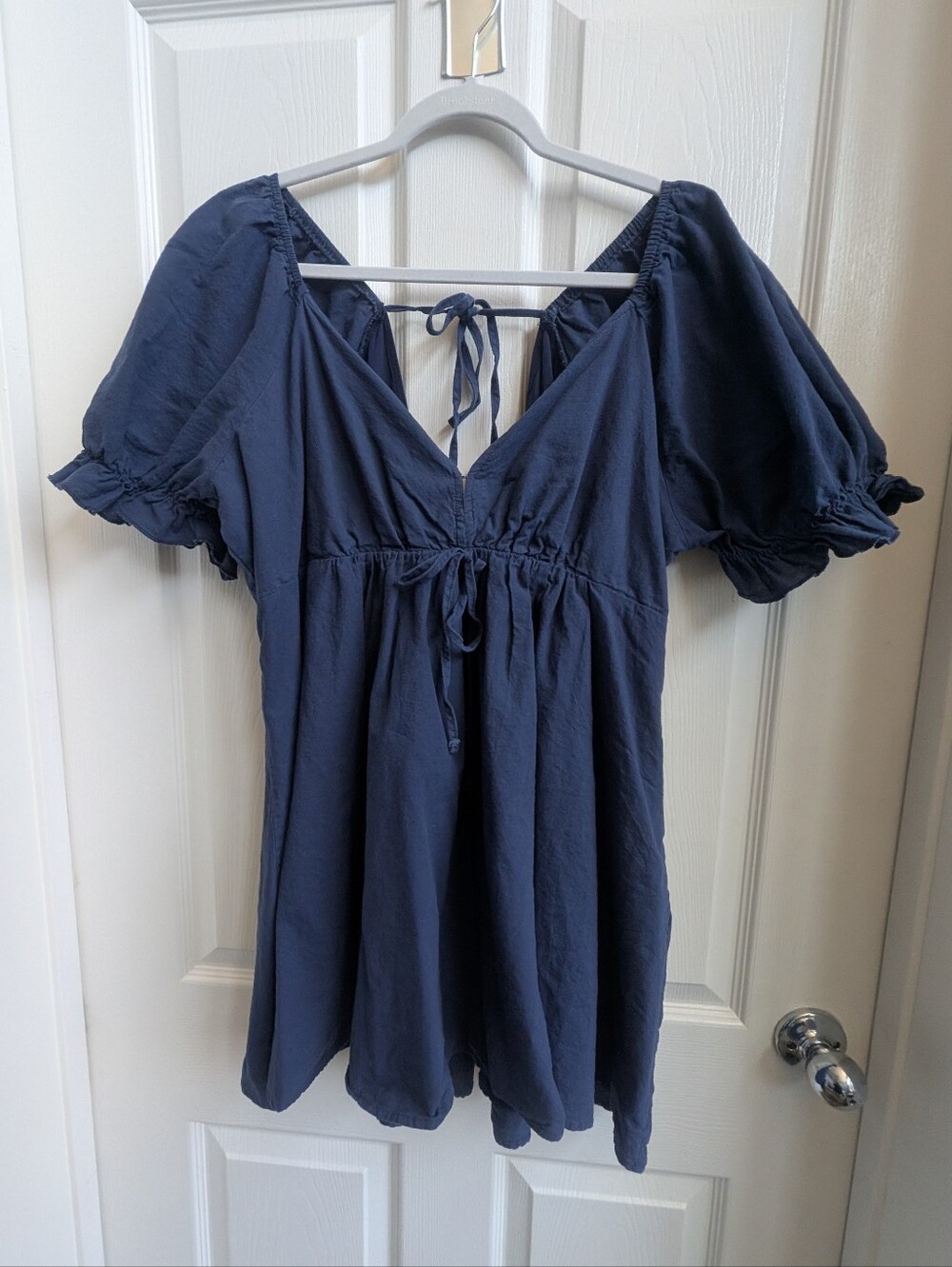 Navy Puff-Sleeve V-Neck Women’s Dress
